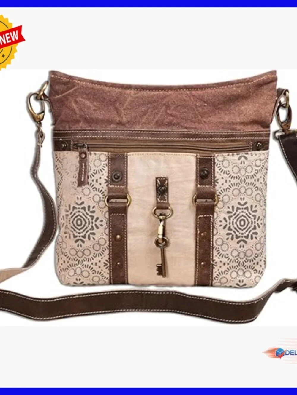Vintage Upcycled Canvas Leather Crossbody Bag with Dual Straps Multi Pocket